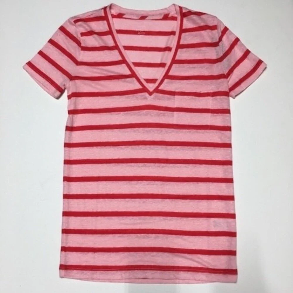 J. Crew Striped Linen V Neck Tee Pink Red XXS NWT